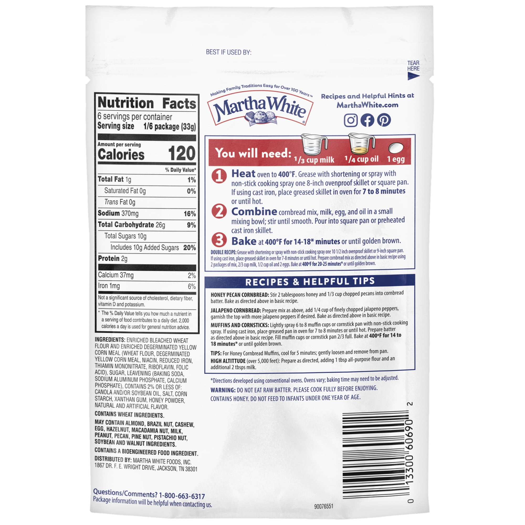 Martha White Honey Cornbread and Muffin Mix, 7 Oz Pouch