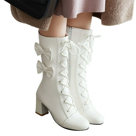 GHSOHS Cowboy Boots for Women Mid Calf Boots Black Leather Boots Black Boots Fall Winter Korean Pink Bowknot Heel High Heel Mid Calf Boots Student Boots Rain Boots Dress Shoes Wide Calf Boots Size 38