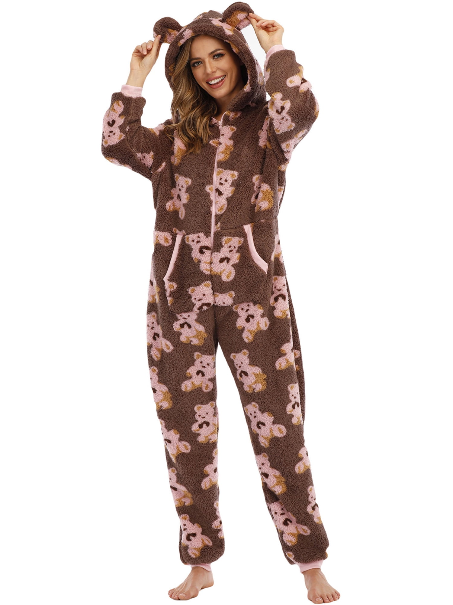 handelaar gerucht Maak avondeten Kayotuas Women Winter Plush Onesie Pajamas Bear Pattern Zipper Warm Hooded  Jumpsuit Romper - Walmart.com