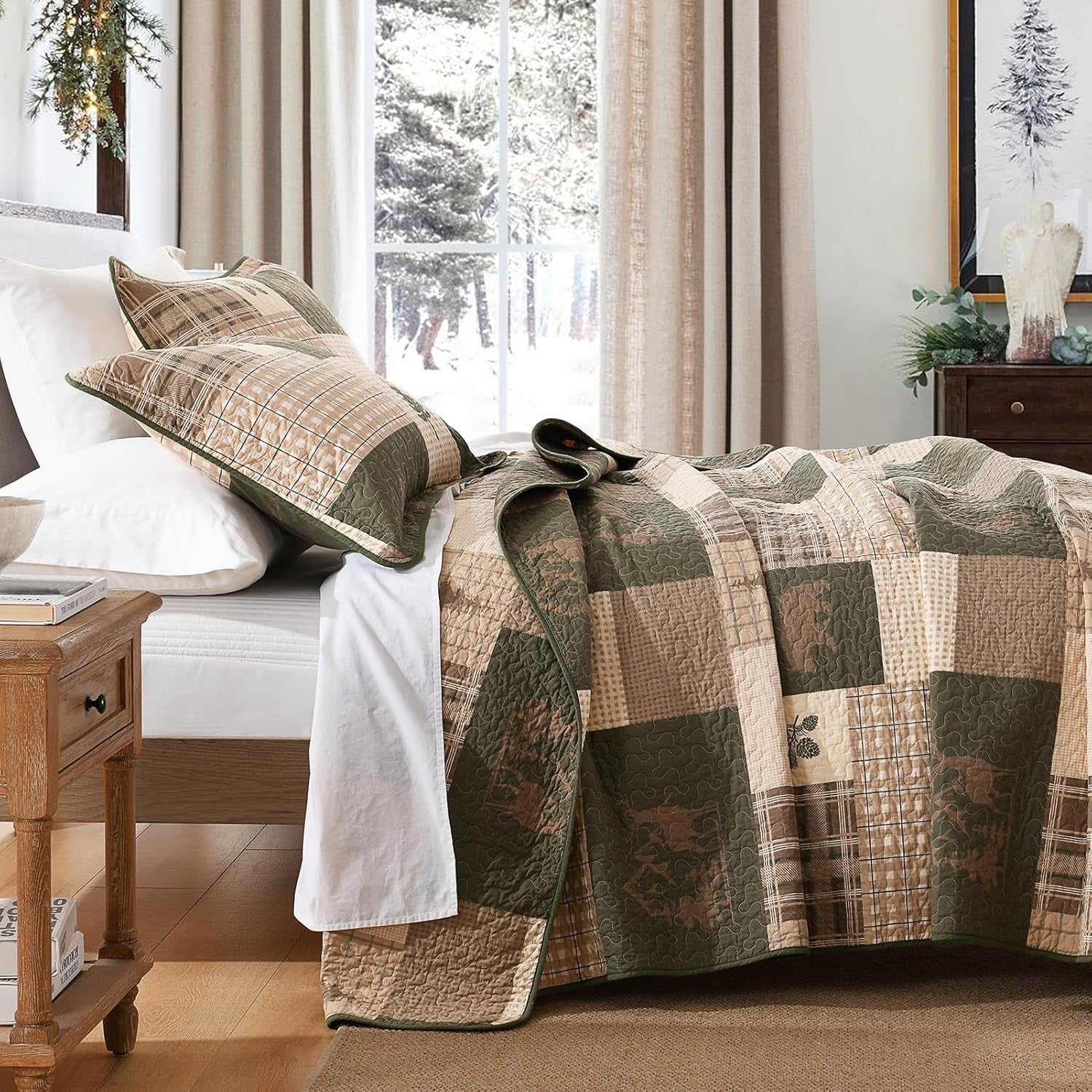 PANGUSHAN 100% Cotton King Quilt Set, Farmhouse Plaid King Size Quilt Bedding Set Bedspreads, Reversible Quilted Lightweight Comforter, Beige/Grayish Green/Brown Bed Spread for King Bed, 3pcs