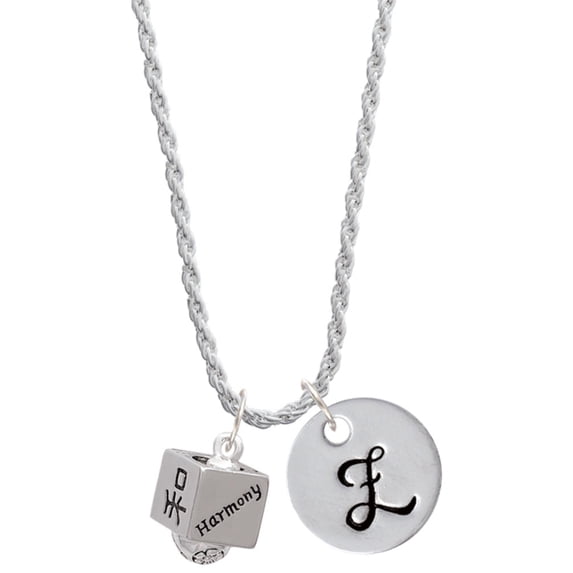 Delight Jewelry Silvertone Chinese Symbol Harmony Square Spinner Silvertone Script Initial Disc - Z - Charm Necklace, 20"+3"