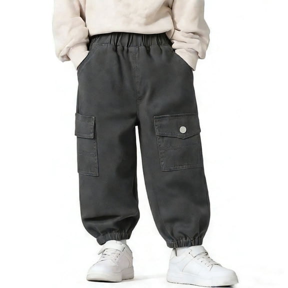 Toddler Boys Cargo Joggers Elastic Waist Cotton Twill Cuffed Ankle Pants with Flap Pockets for Outdoor Play School Casual Trousers, 1T-10Y