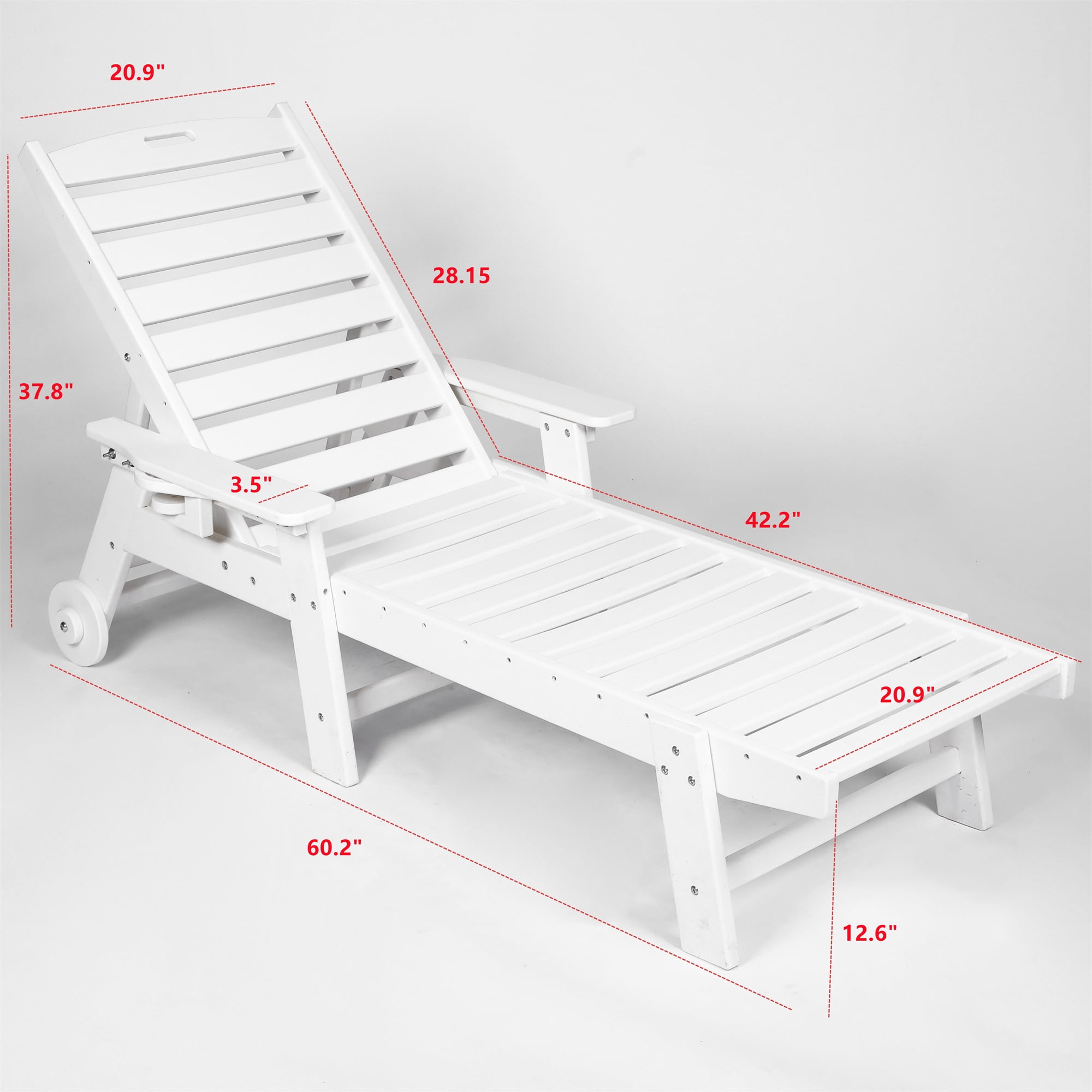 Aukfa 75" HDPE Outdoor Patio Chaise Lounge Chair with Cup Holder&Wheels, Adjustable Backrest, White