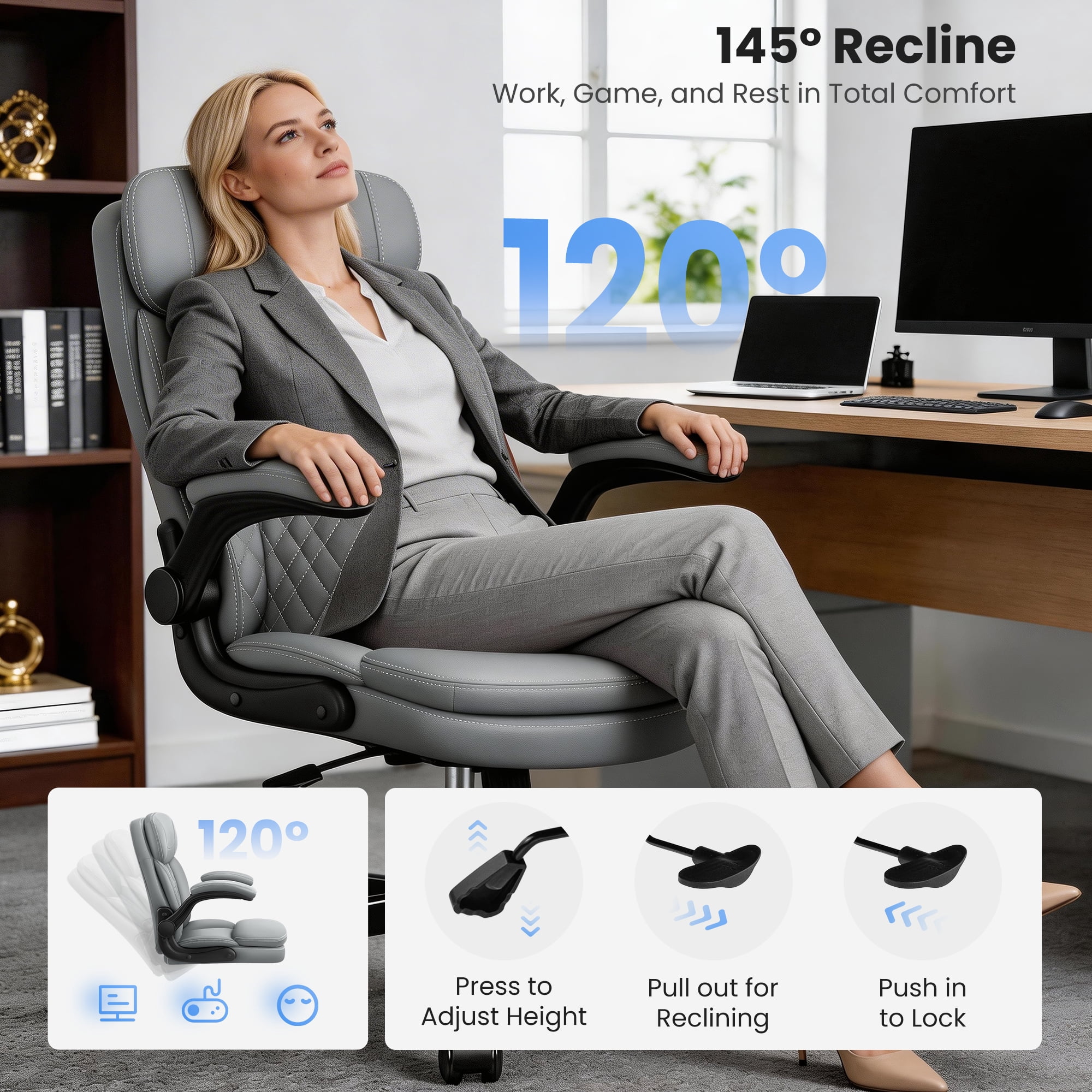 COOLHUT 400LBS Big and Tall Office Chair, Executive PU Leather Desk Chair Thick Seat Cushion and Neckrest, Support 8 Hours Heavy Duty Design, 8-Years Warranty, Gray