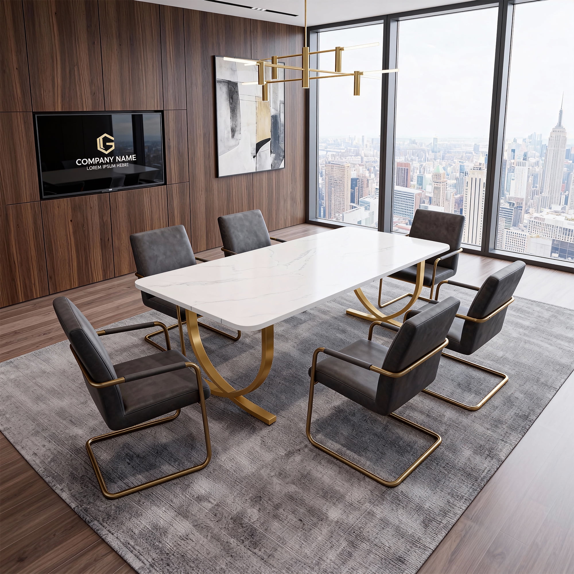 KIOOTTO 63" Executive Office Desk, Faux Marble Computer Workstation with Gold Metal Frame, White