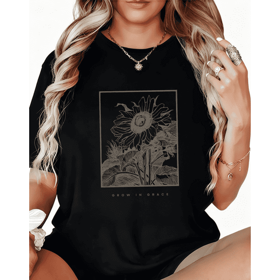 Women's cotton Black Print Tshirt Graphic Tees Shirts Sunflower Grow In Grace Inspirational Art Design Tops S-5XL