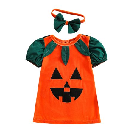 

nsendm Tulle Sleeve Dress Toddler Girls Halloween Short Sleeve Dresses Cartoon Embroidered Princess Kids Fall Dress Orange 3-6 Months