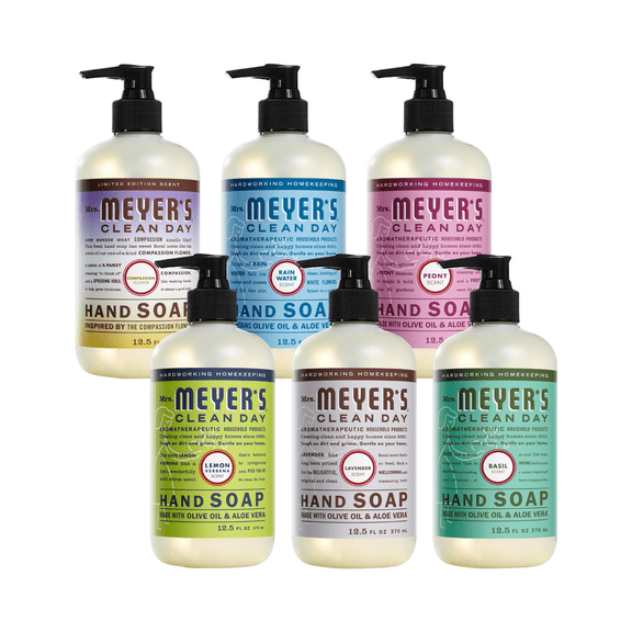 MRS. MEYER'S CLEAN DAY Liquid Hand Soap Variety Pack, Compassion Flower, Rainwater, Peony, Lemon Verbena, Lavender, Basil, 12.5 fl oz Each, 1 CT