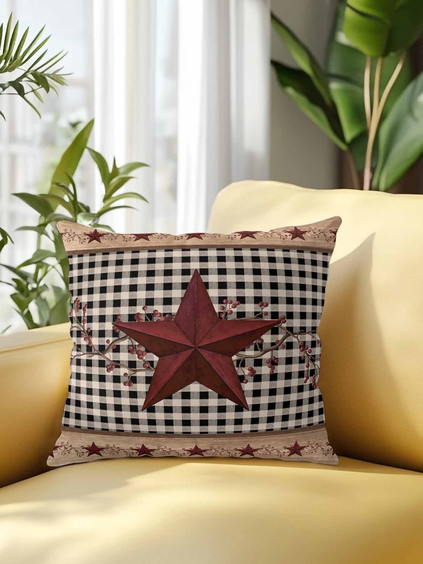 Outdoor Pillows Waterproof, Red Texas Star Farmhouse Bedding Throw Pillows with Insert for Couch Sofa Bed, Black Plaid Berry Country 18x18 Inch Pillowcases Decorative Camping Patio Pillow Set of 1
