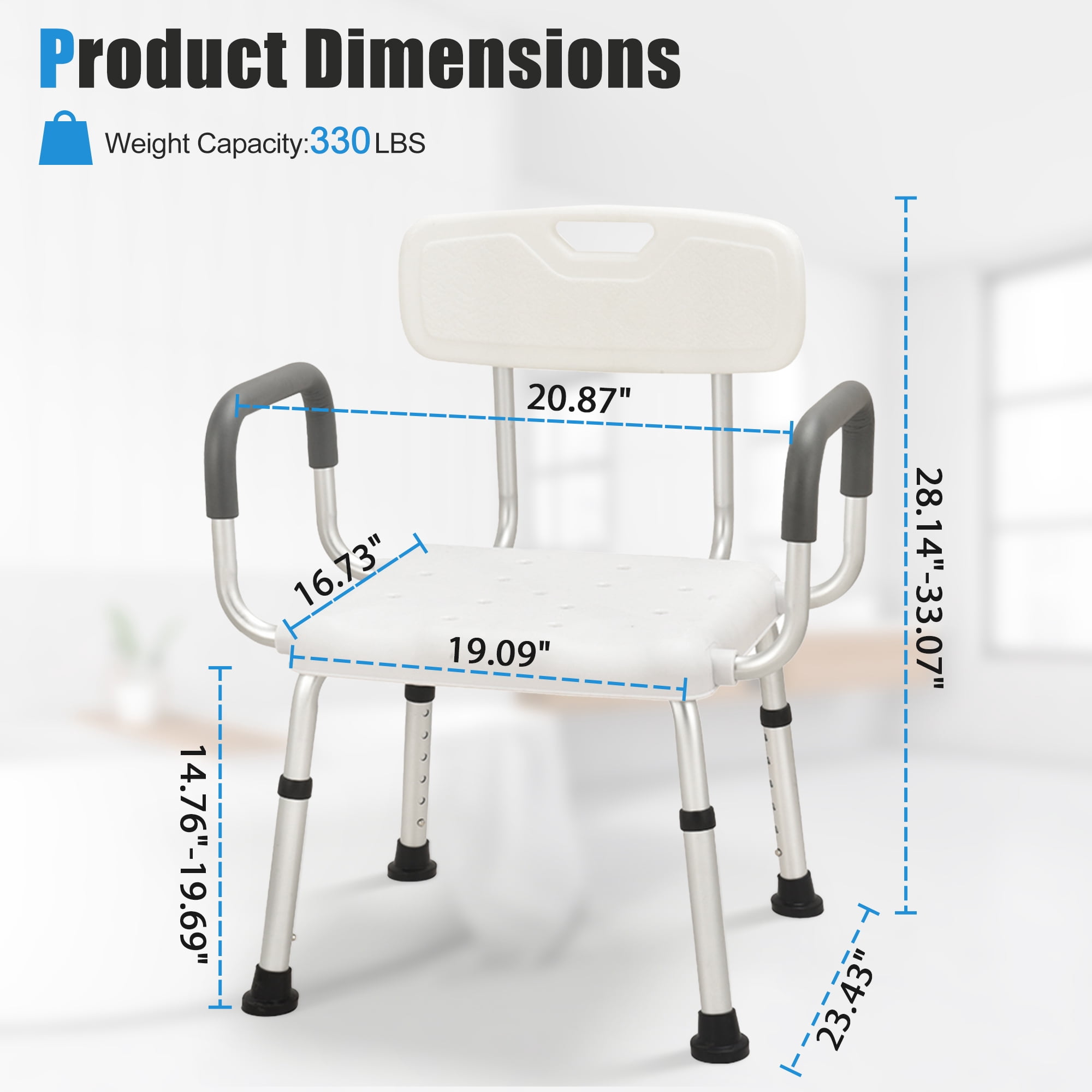 GARITIN Shower Chairs for Bathtub, Bath Stool with Back and Arms, Adjustable Shower Seat with Nonslip Feet, Shower Benchs for Inside Shower, Support up to 330Lbs