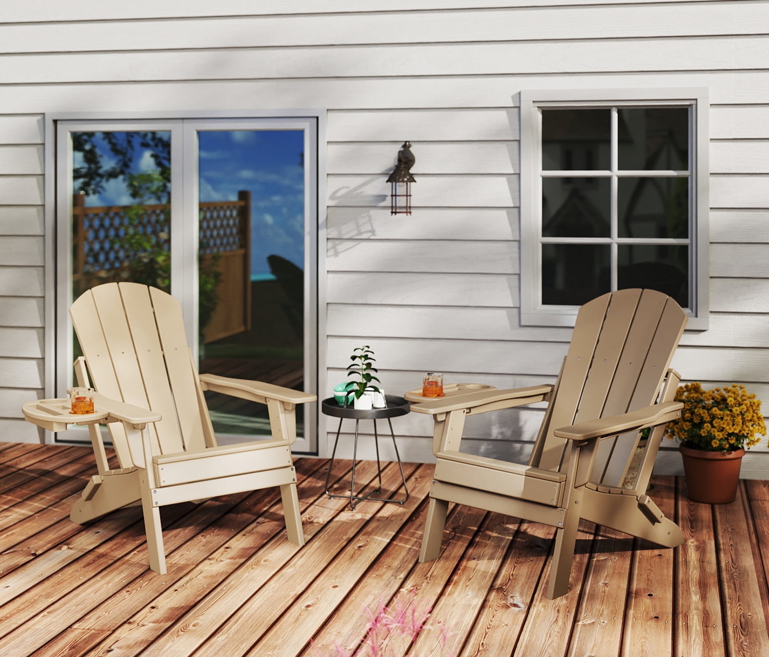 FOOWIN Adjustable Backrest Folding Adirondack Chair with Cup Holder, HDPE Weather Resistant Fire Pit Chair, Brown