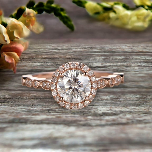 1.75 Carat Halo Moissanite Diamond Engagement Ring Classic Vintage Art Deco 10k Solid Rose Gold