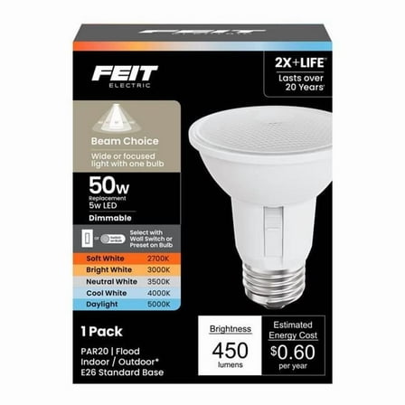 Feit Electric 3018685 50W PAR20 E26 Medium Smart-Enabled LED Bulb - Adjustable Equivalence, White