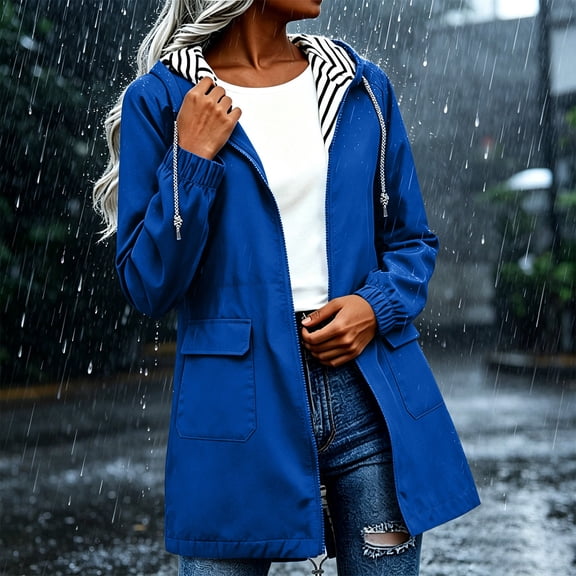Dxzfnsa Womens Rain Jackets Women Zipper Up Striped Lined Hooded Coats Lightweight Outdoor Waterproof Windbreaker Raincoats
