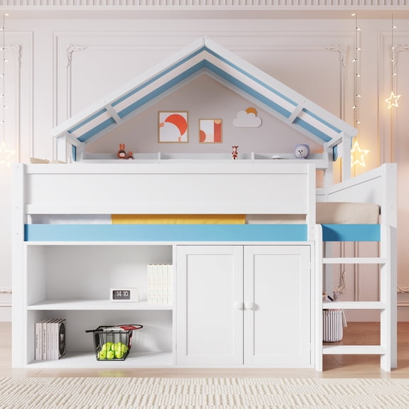 MODERNLUXE Full Size Loft Bed with Storage Shelves, House Bed with Roof and Cabinet, White&Blue