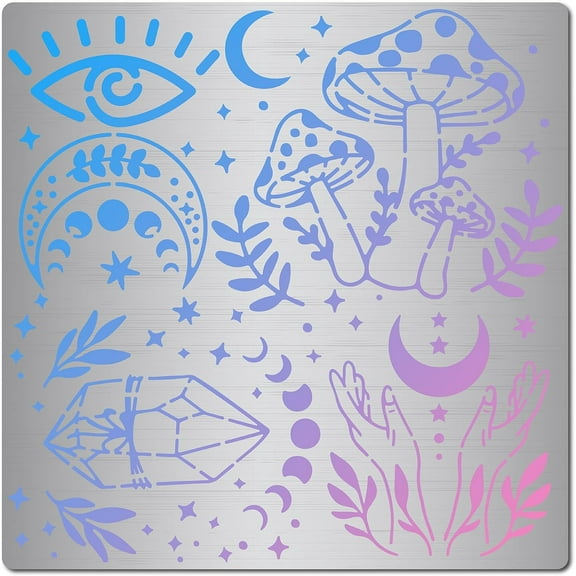 6.3 Inch Mushroom Metal Stencil Eye Moon Phase Pattern Stainless Steel Cutting Stencil Template Journal Tool for Painting Wood Burning Pyrography and Engraving Home DIY Decoration Crafts