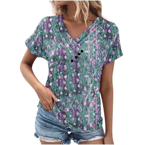 HAPIMO Women's Loose Pullover Tunic Clearance V Neck Ruched Button Shirts for Teen Girls Trendy Summer Tees Floral Boho Graphic Elegant Casual Workout Tops Short Sleeve Blue L