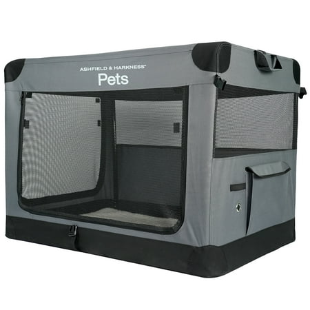 Ashfield & Harkness: Collapsible Soft Dog Crate - 42 - Gray, Sherpa Lined Mat, Durable Mesh Windows, Portable Foldable Pet Kennel, Indoor & Outdoor