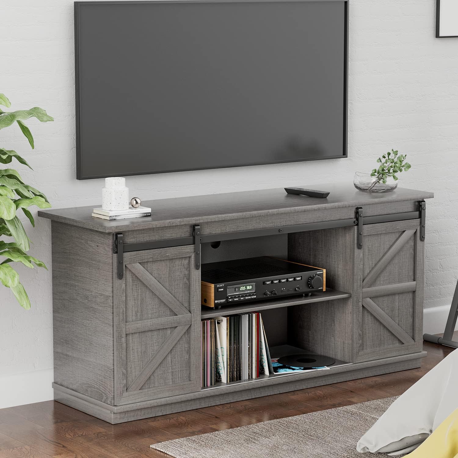 YESHOMY Farmhouse TV Stand for Televisions up to 65+ Inch with Sliding Barn Doors and Storage