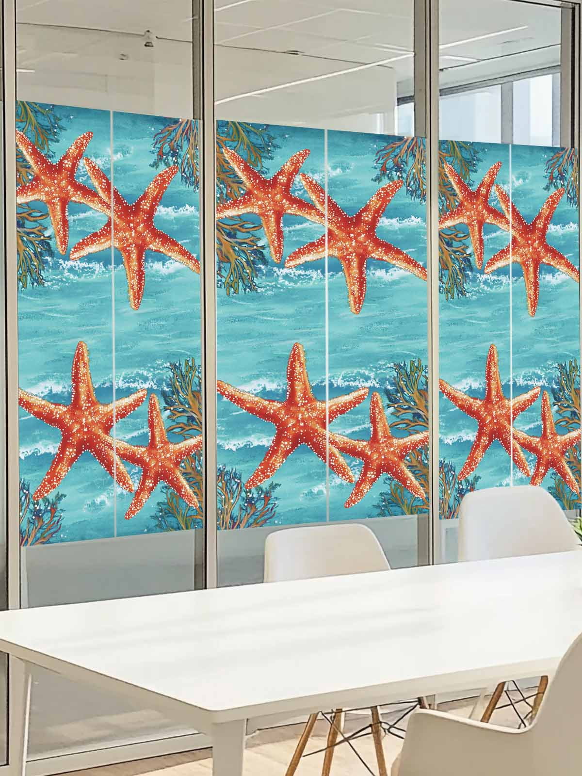Orange Starfish Window Privacy Film, Seaweed Retro Frosted Glass Window Clings Static Cling UV Heat Blocking Reusable Door Sticker for Bathroom 23.6 x 59 Inch