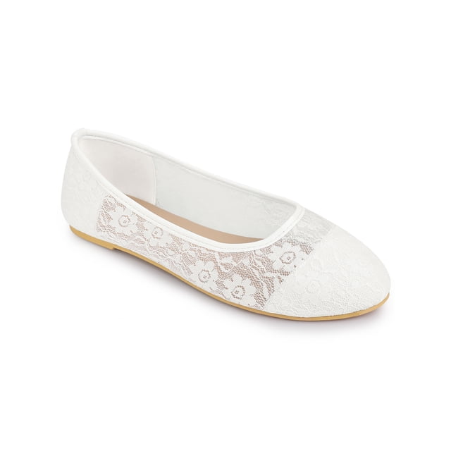 BLISSFUL STEP Ballerine à Enfiler pour Femme en Dentelle et Maille Brodée à Bout Rond Blanche 11