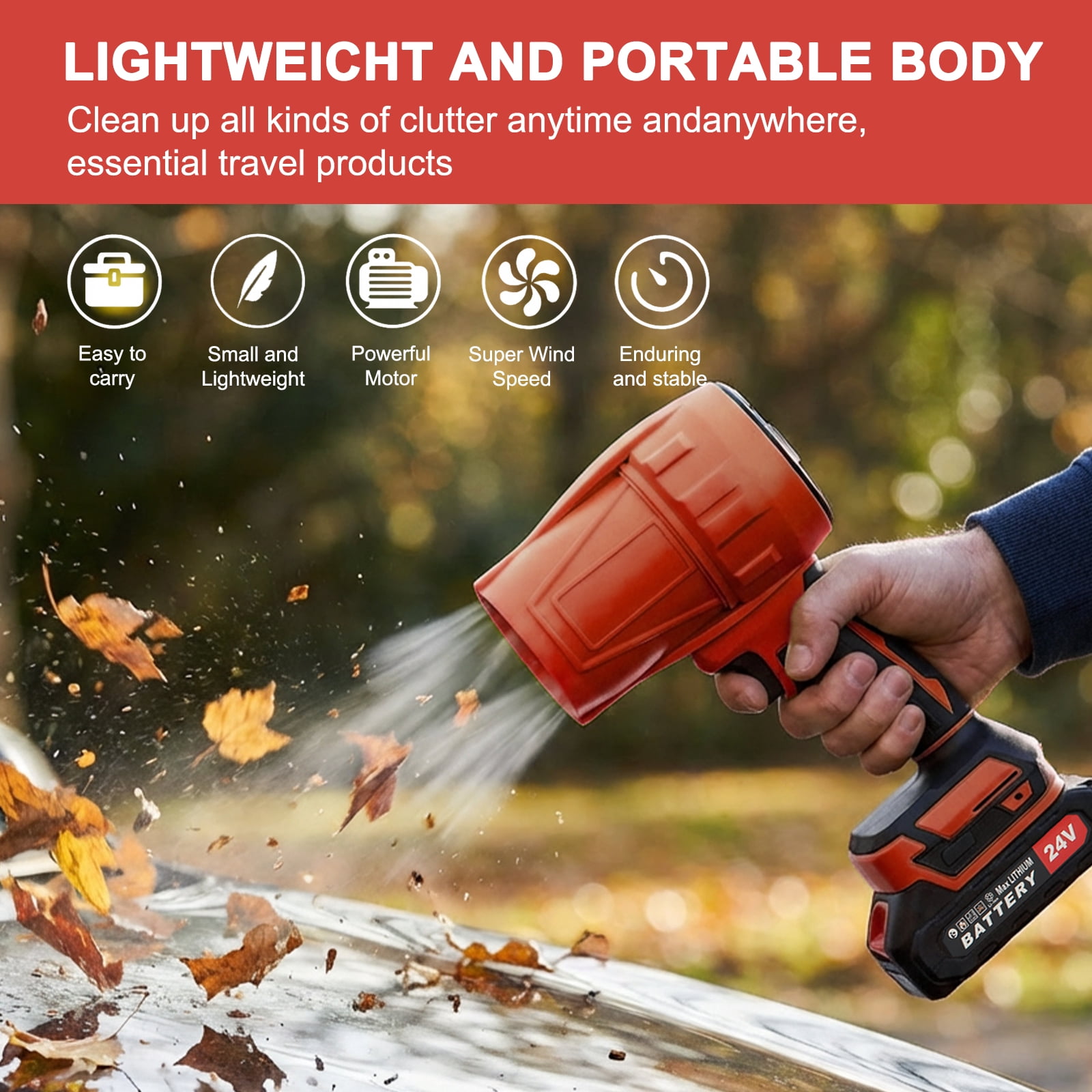 KingFurt Cordless Leaf Blower, High-Speed Dust Blower,24V Turbine blower with Extended Nozzle, for Patio Cleaning Lawn Care Blowing Leaves and Dust-Red