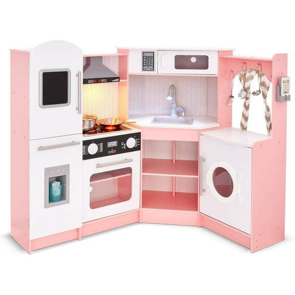 Lil' Jumbl Wooden Kitchen Playset with Chalkboard, Pretend Cooking, Pink Kids Kitchenette