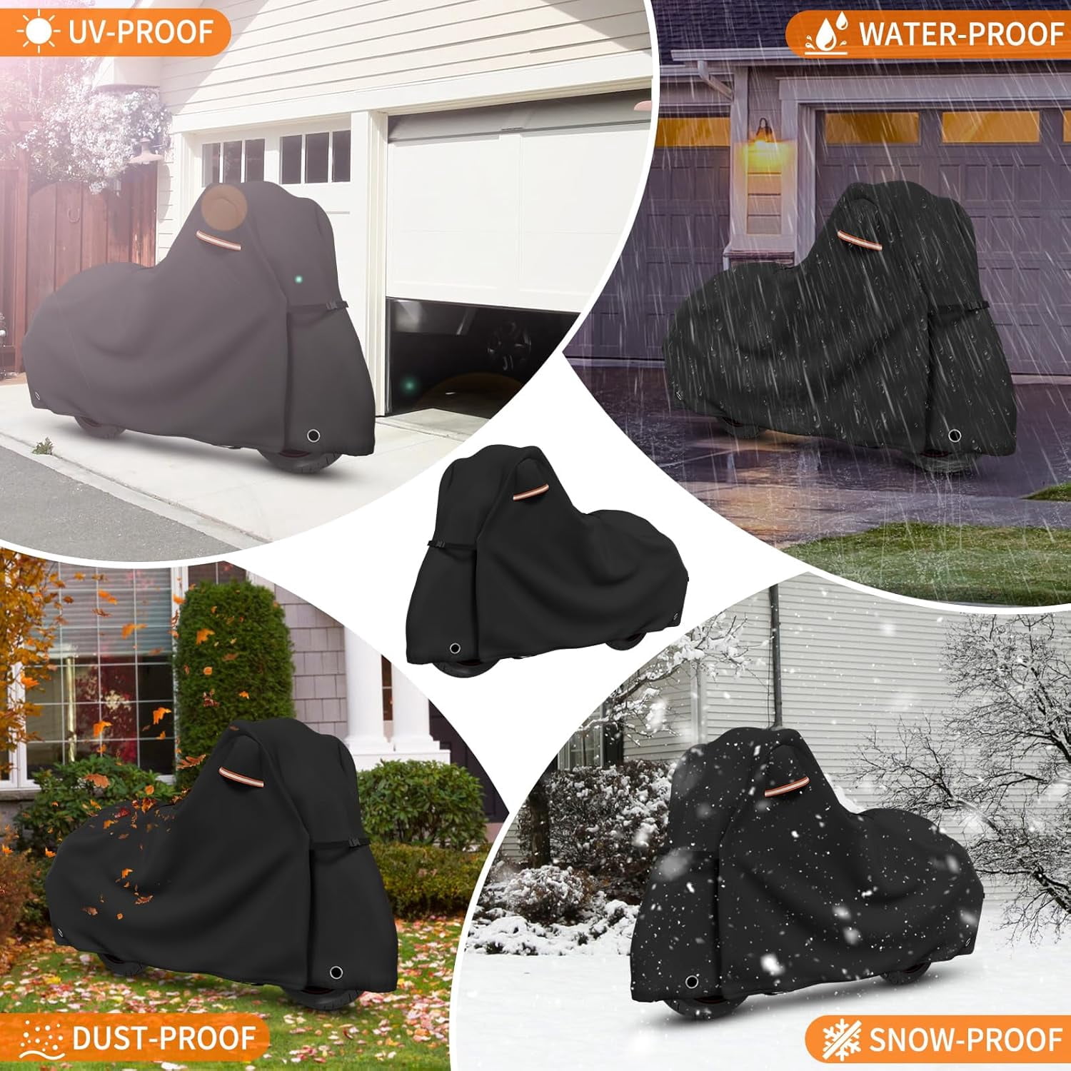 Motorcycle Cover Lock-Holes and Storage Bag All Season Universal Night Reflective Universal Heavy Duty Motorcycle Vehicle Cover-86 L x 41" W x 50" H Black