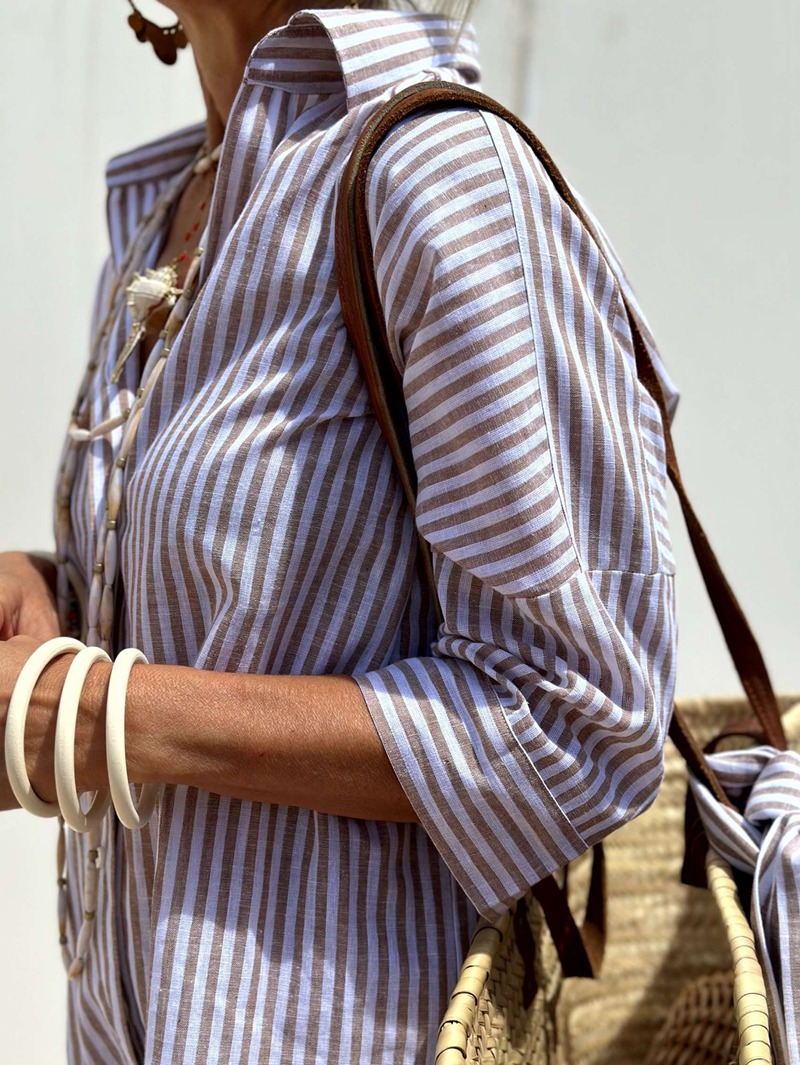 Women'S Shirt Dress Casual Lapel 3/4 Sleeve Button-Down Collar Slit Tie Resort Maxi Dress Brown S