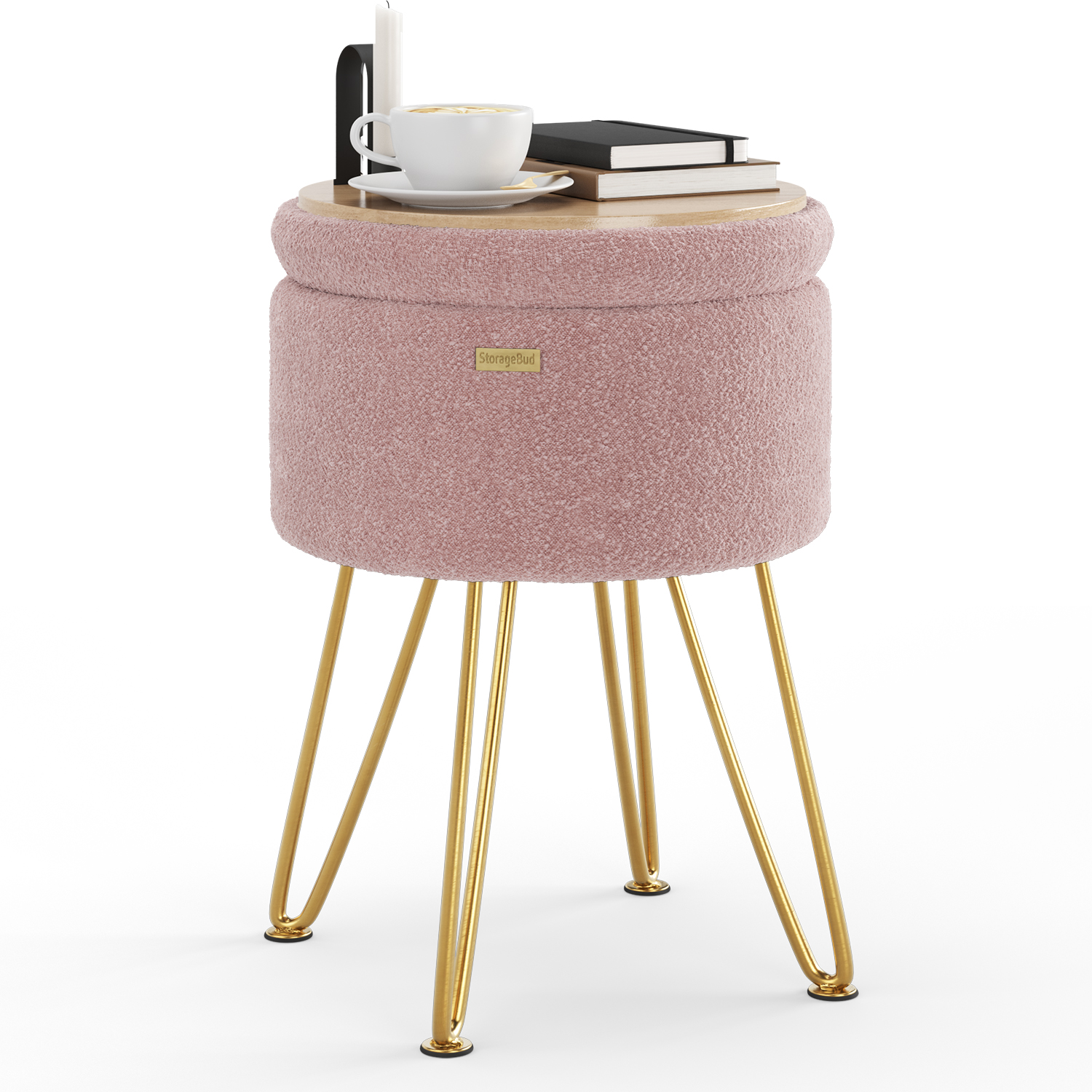 LammaLoe Small Round Ottoman with Storage, Boucle Ottoman Foot Stool with Lid, Upholstered Vanity Stool for Living Room & Bedroom, Pink