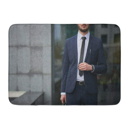 GODPOK Boss White Banker The Guy in Suit Straightens His Tie Against Building with Glass Facade Blurry Rug Doormat Bath Mat 23.6x15.7 inch