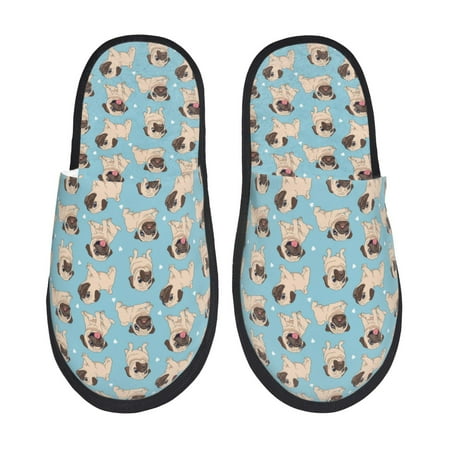Balery Funny Cartoon Pugs Slient Indoor Furry Fleece Comfort House Shoes Soft Non-Slip Home Shoes Cotton slippers House Slippers-- Medium