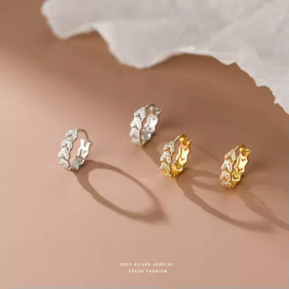 K-KED Genuine 925 Sterling Silver Zircon Leaves Hoop Earrings -12mm-Gold