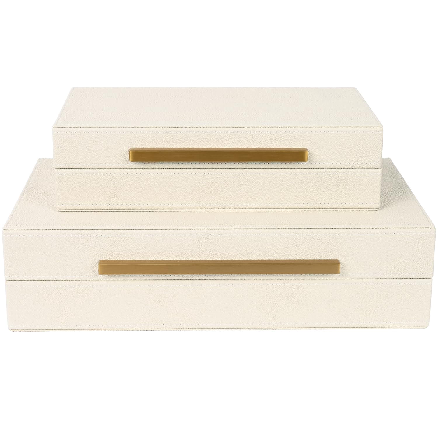 Beige Shagreen Decorative Storage Boxes - Set Of 2 Faux Leather & Memory With Metal Handles  Nesting Photo Organizers For Home Decor Gift And Office Organization