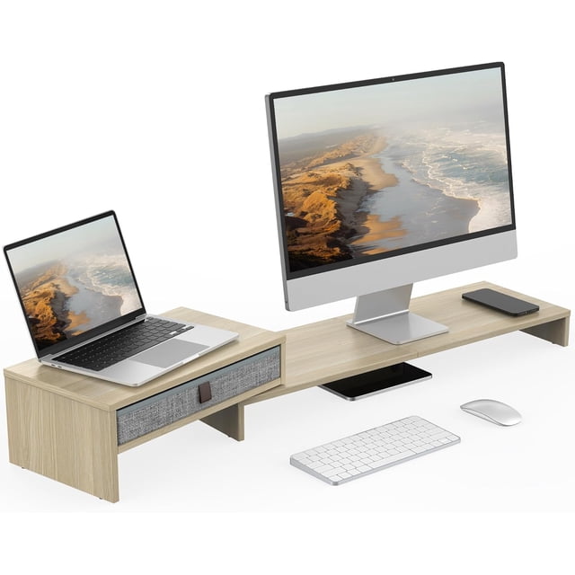Dual Monitor Stand with Drawer - Adjustable - Laptop Riser for Desk Organizer. Adjustable Length and Angle Desktop Laptop Stand Office Organizer Printer