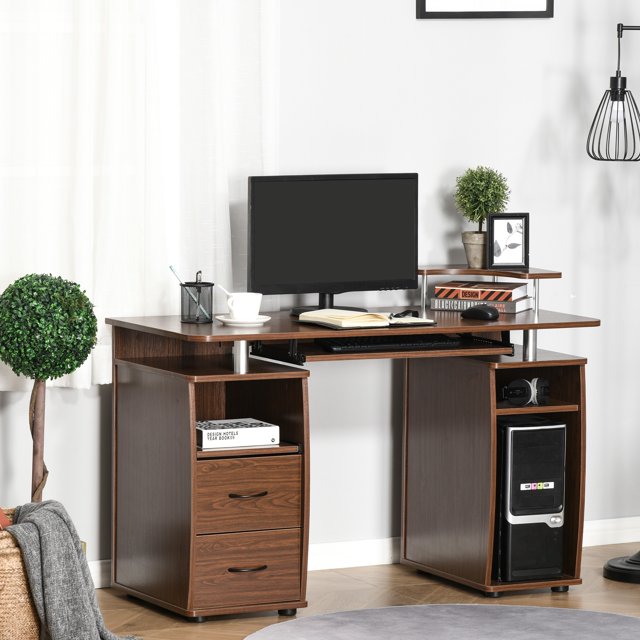 Bureau d'Ordinateur de Bureau, Table de Travail de Bureau avec Plateau pour Clavier, Brun Noyer