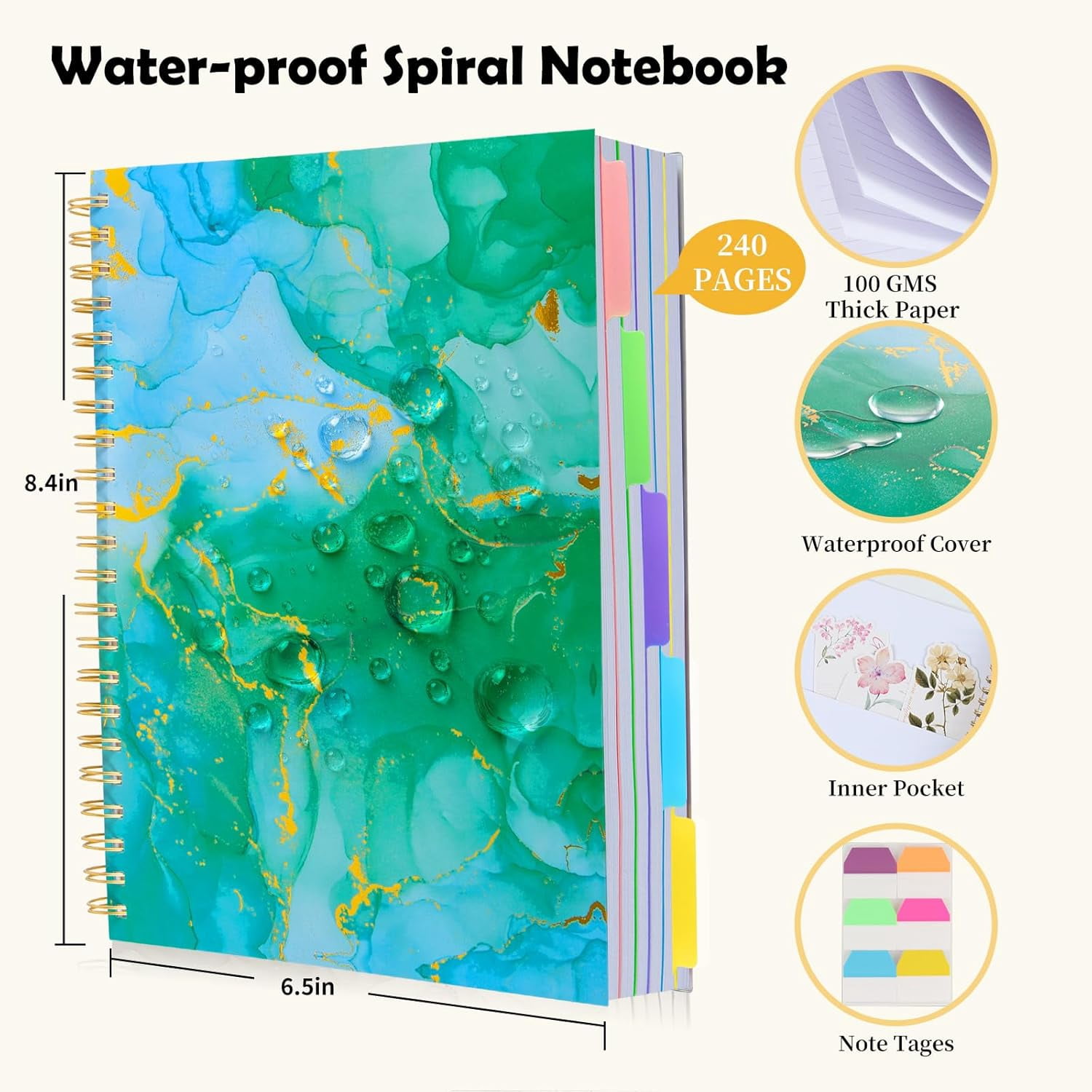 5 Subject Notebook College Ruled, A5 Spiral Notebook with Removable Pocket Dividers Tabs, Lined Organizer Notebook Journal for Women, 240 Pages Notebooks for Work School Note Taking, Green Marble