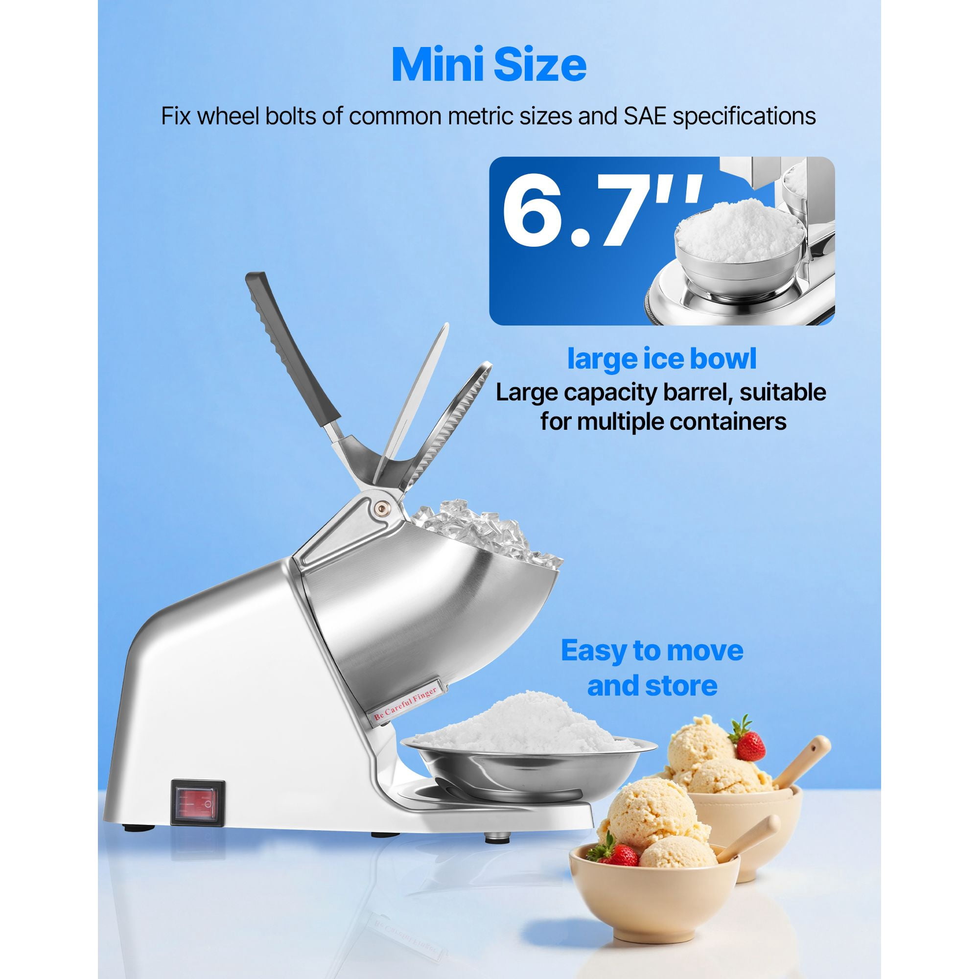 Ice Crusher Machine 286 lbs/h, 300W, 4 Stainless Steel Blades, 2000 RPM, for Home Commercial Shaved Ice Snow Cones