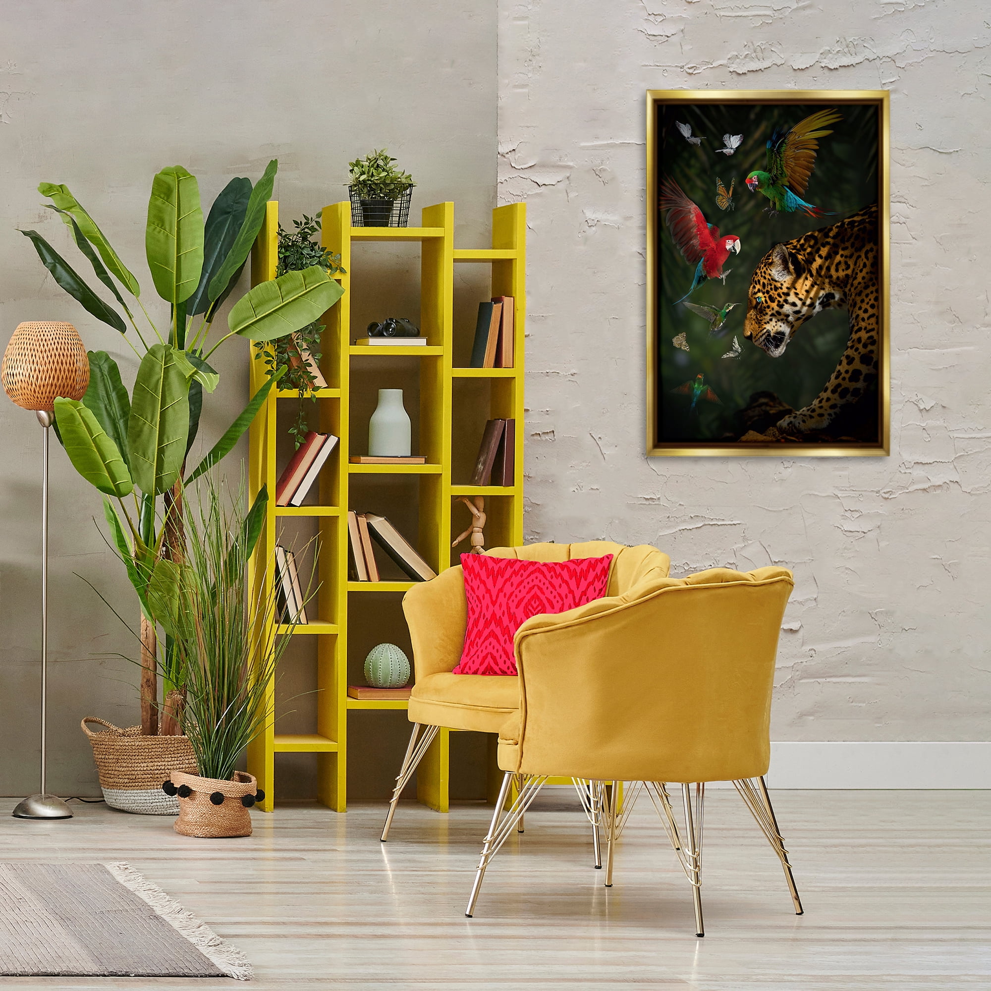 Stupell Industries Jungle Brawl Animals Animals Painting Gold Floater Framed Canvas Art Print Wall Art, 21 x 31