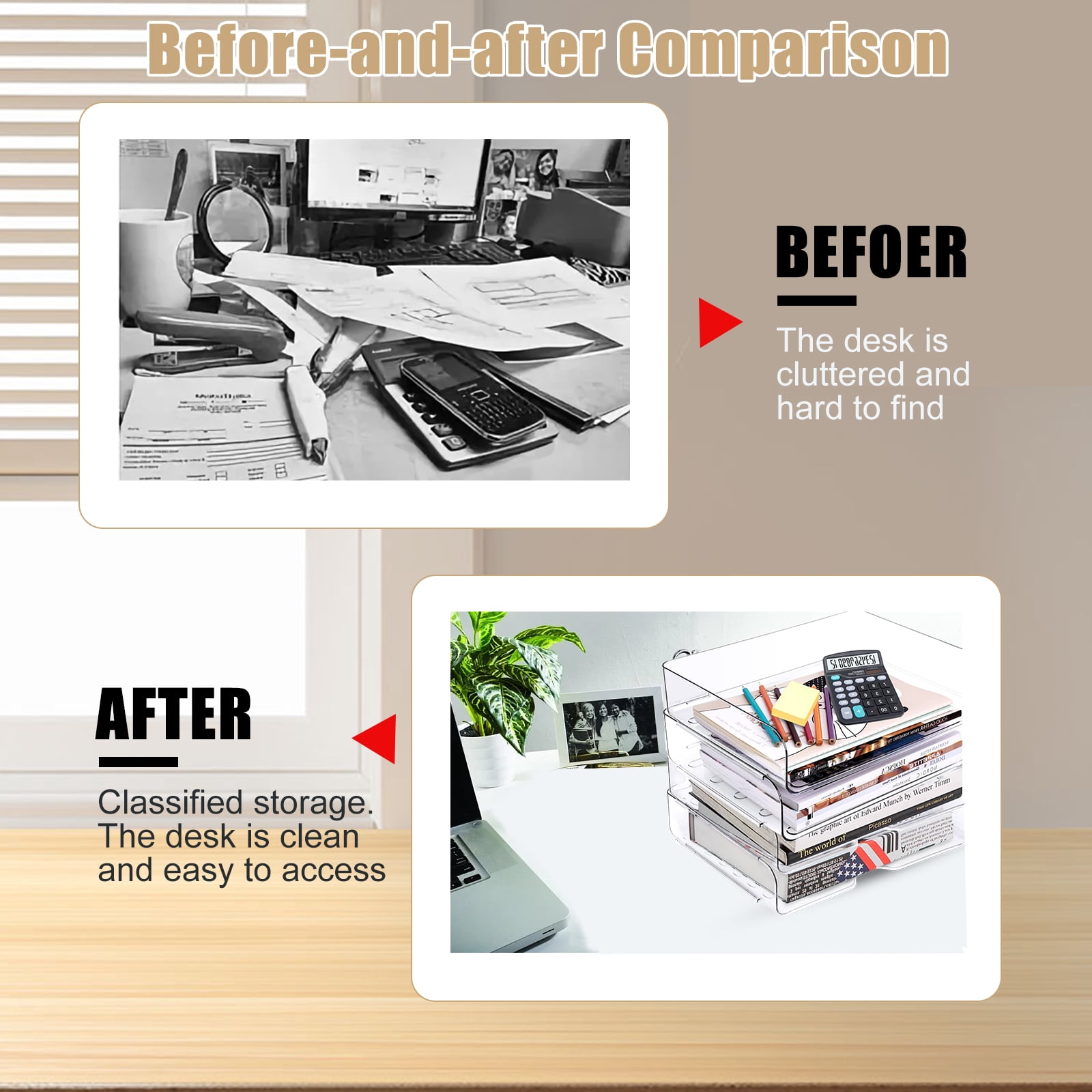 Clear Stackable Paper Trays 4 Pack, Desktop Racks with 4 File Bags, PET Clear Desk Letter Tray Set, Stackable Desk Organizer for Books, Magazines, Folders, A4 Size File Paper, Notes, Pens -Clear