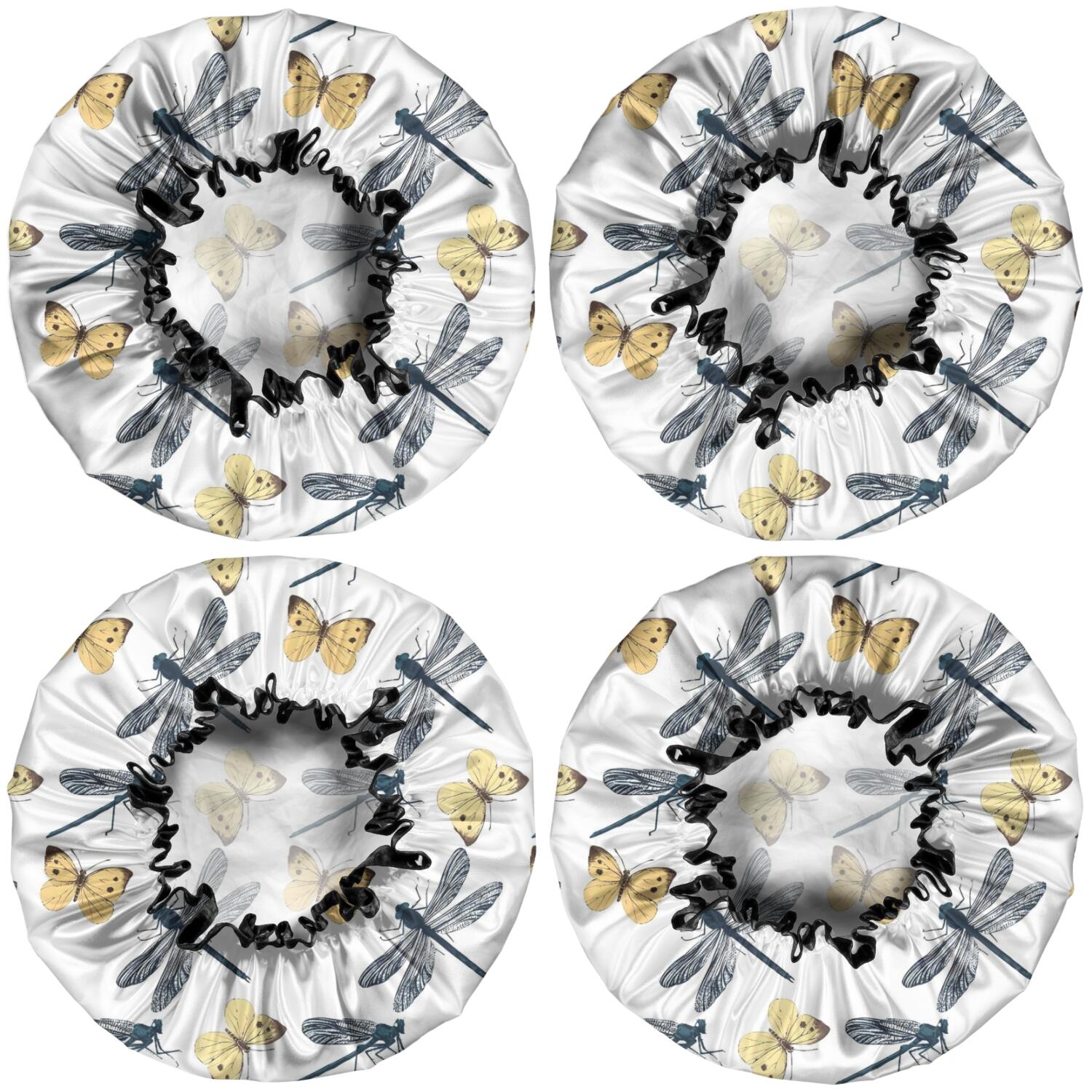Shower Caps,White Butterfly Dragonfly Pattern Waterproof Shower Cap for Women 4 Pieces,Double Reusable Hair Cover for Shower PEVA Elastic Stretch Hem