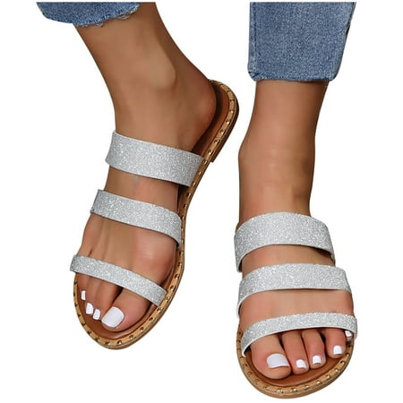 

Women Summer Beach Flat Sandals Sequins Strappy Sandals Open Toe Slides Slippers Ladies Casual Comfort Travel Shoes