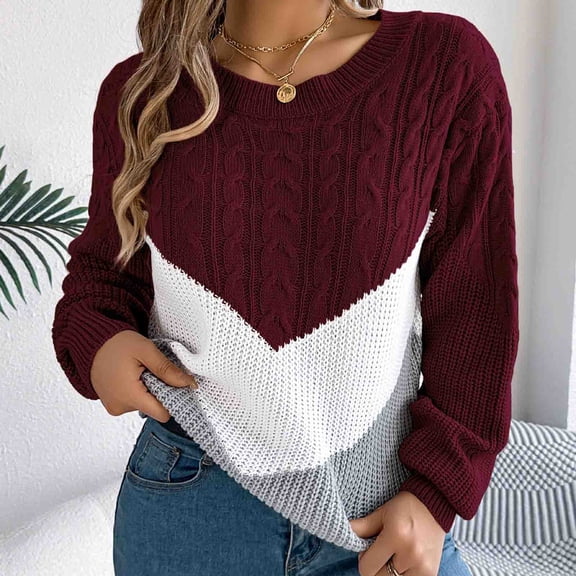 Riecok Plus Size Sweater for Women Long Sleeves Crewneck Color Block Fall and Winter All-match Casual Fashion Knit Tops Sweaters Wine M