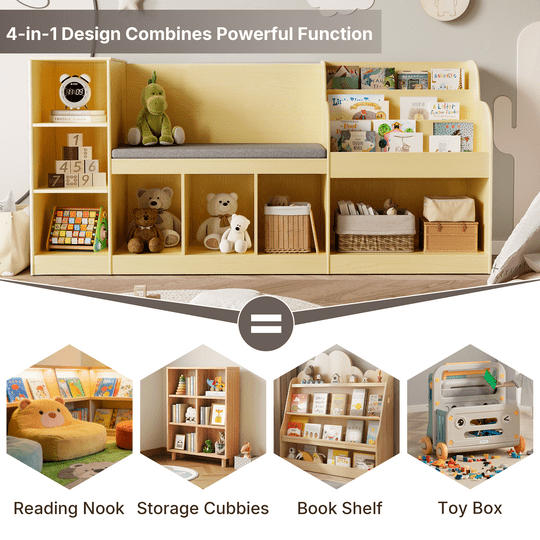 Aiho 66"Kids Bookshelf with Reading Nook , Toy Storage Organizer with 7 Cubes Bookcase & 4-Tier Book Racks & cushion, Toy Storage Organizer for Playroom Bedroom - Retro