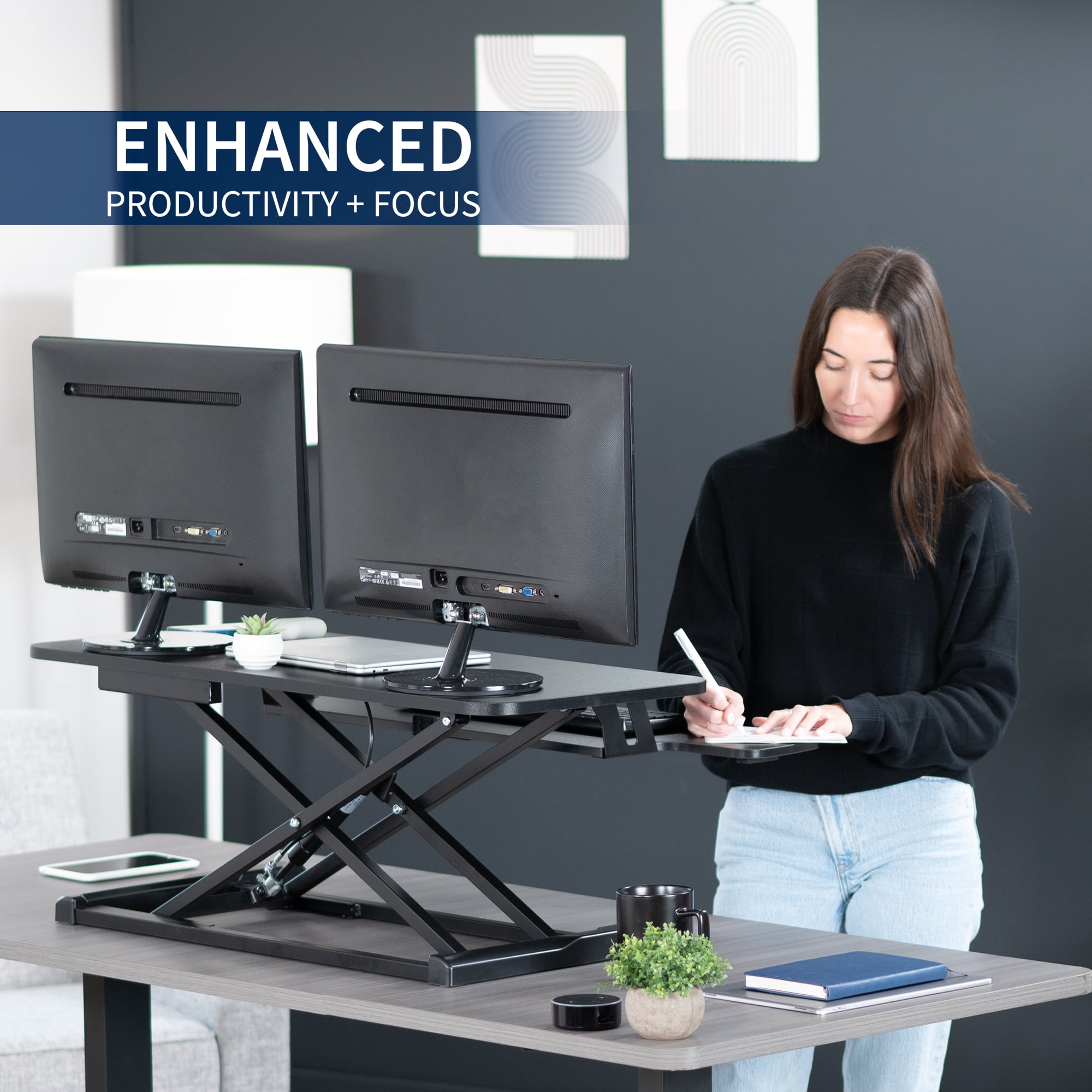 VIVO Black Height Adjustable 36" Standing Desk Monitor Riser, Sit Stand Tabletop