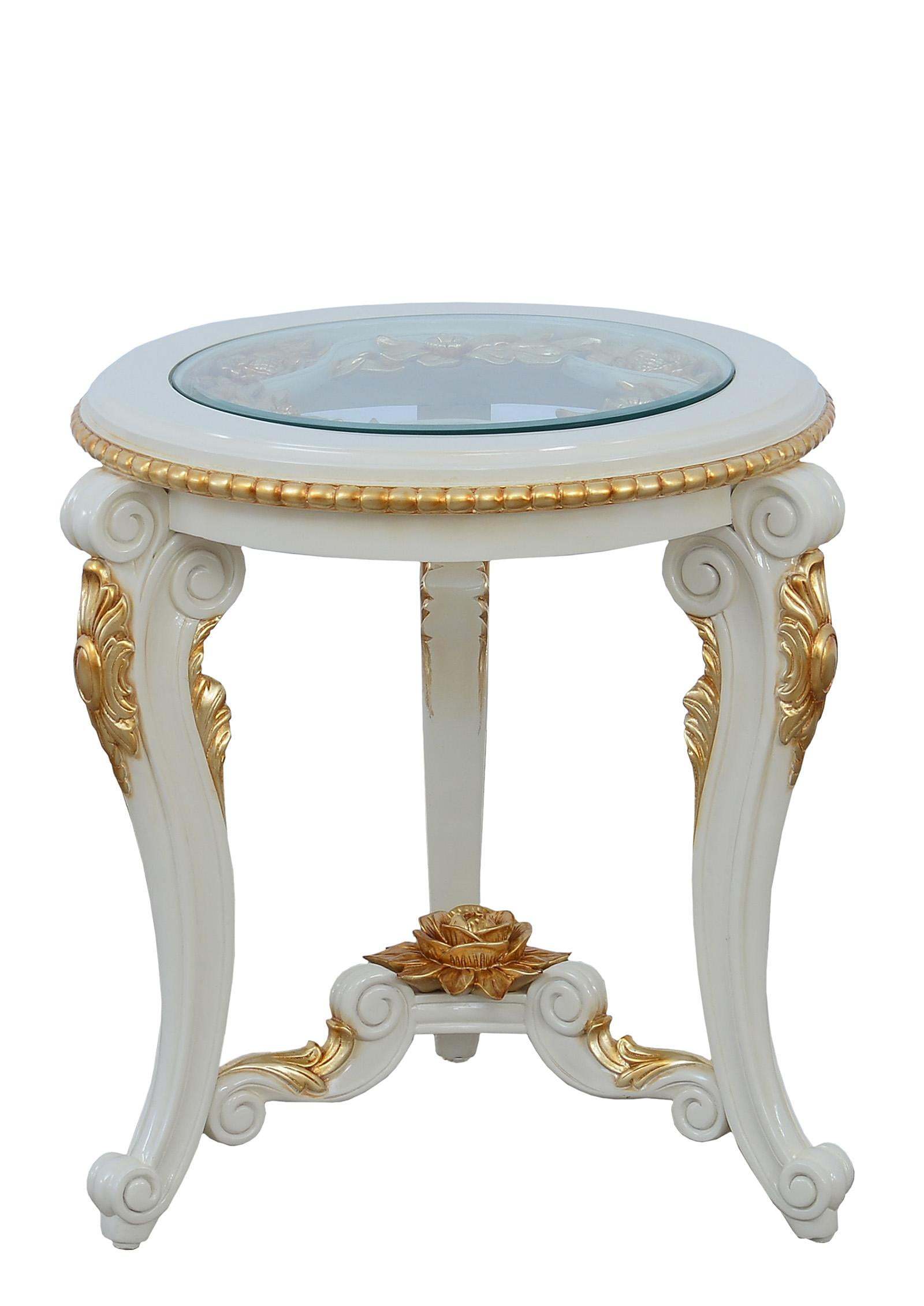 Antique Beige & Gold Mahogany Glass End Table with Storage