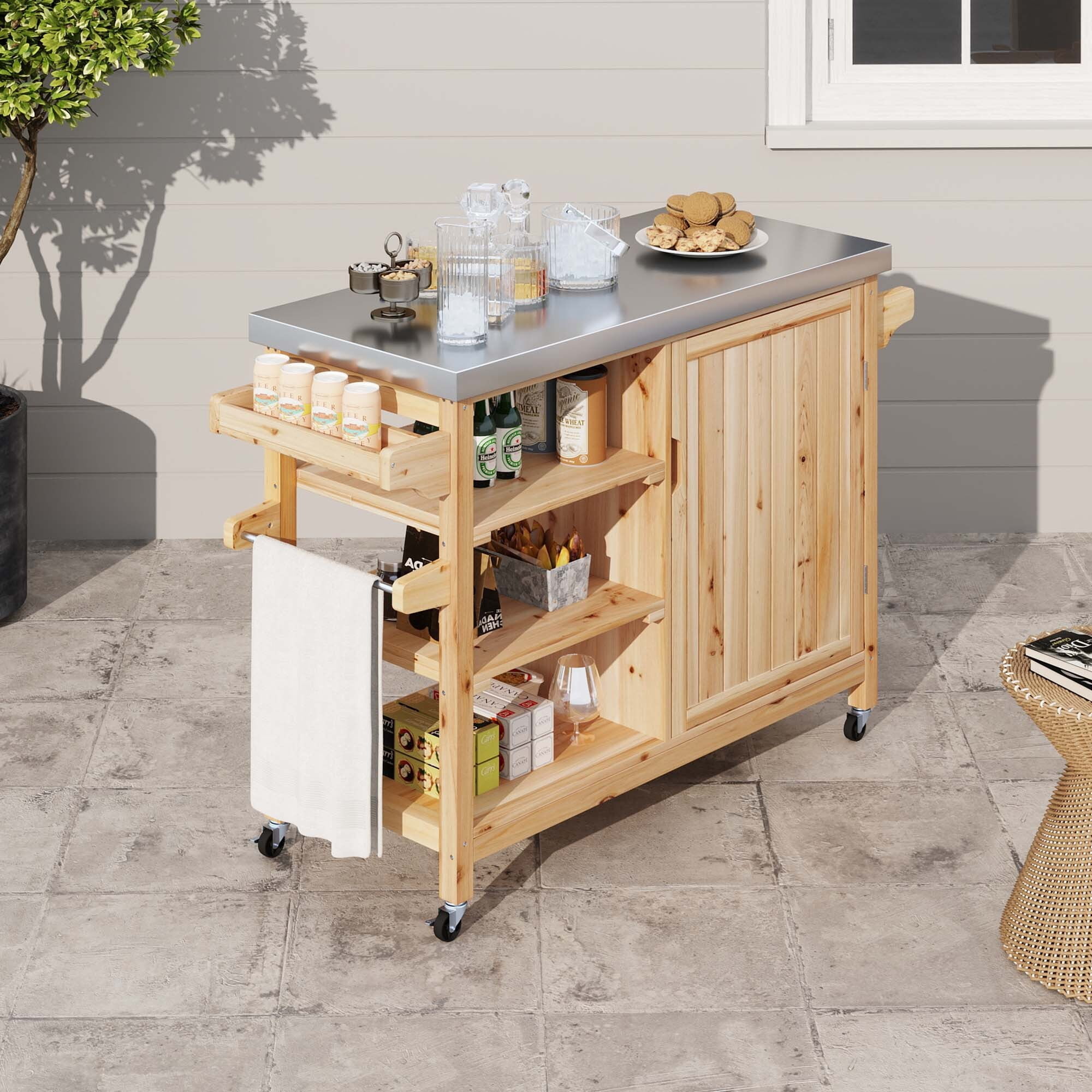 Uforic Outdoor Grill Table Solid Wood Storage Cabinet, Rolling Kitchen Island, Movable Bar Cart with Stainless Steel Top