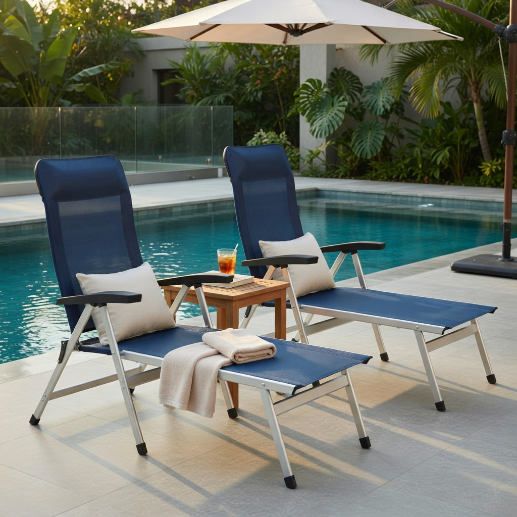 Hommoo 2-Pack Foldable Outdoor Dining Chairs with 7-Position Adjustable Backrest, Aluminum & Iron Patio Seating, Space-Saving Design, Navy Blue