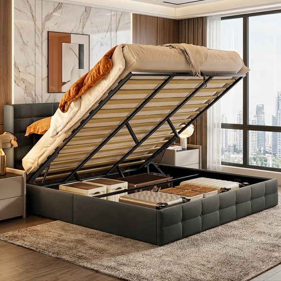 King Bed Frame with 10.8" Hydraulic Storage, Jolifa Upholstered Platform Bed with Memory Foam Headboard, 800lb Heavy Duty Metal Frame for Small Space,Dark Black