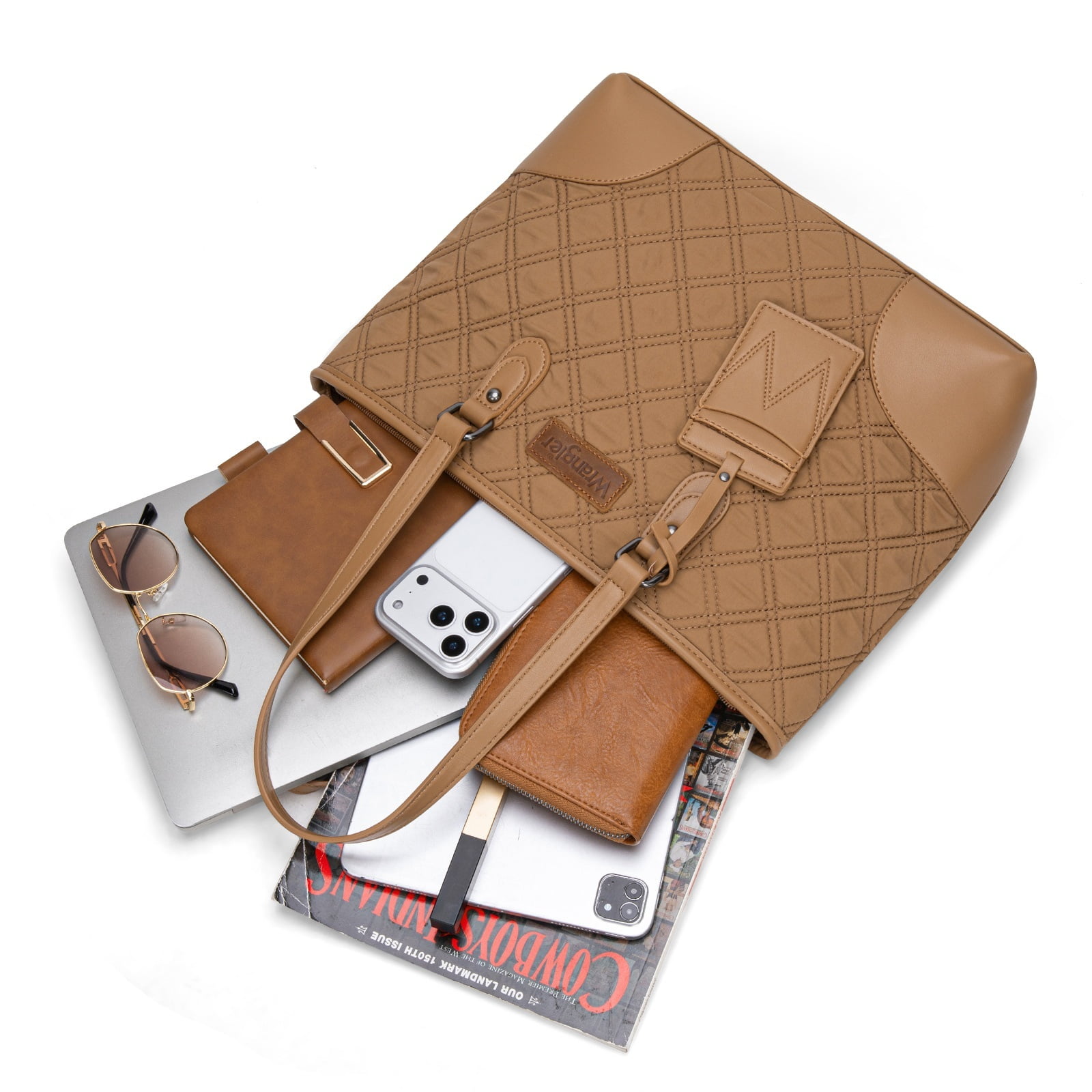 Wrangler Puffer Tote Bags for Women Medium Quilted Shoulder Bag for Work School Lifestyle Purse, Khaki